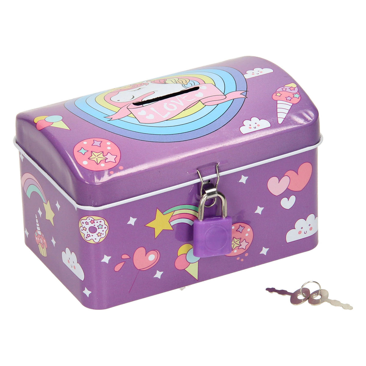 Hucha con candado de unicornio.
