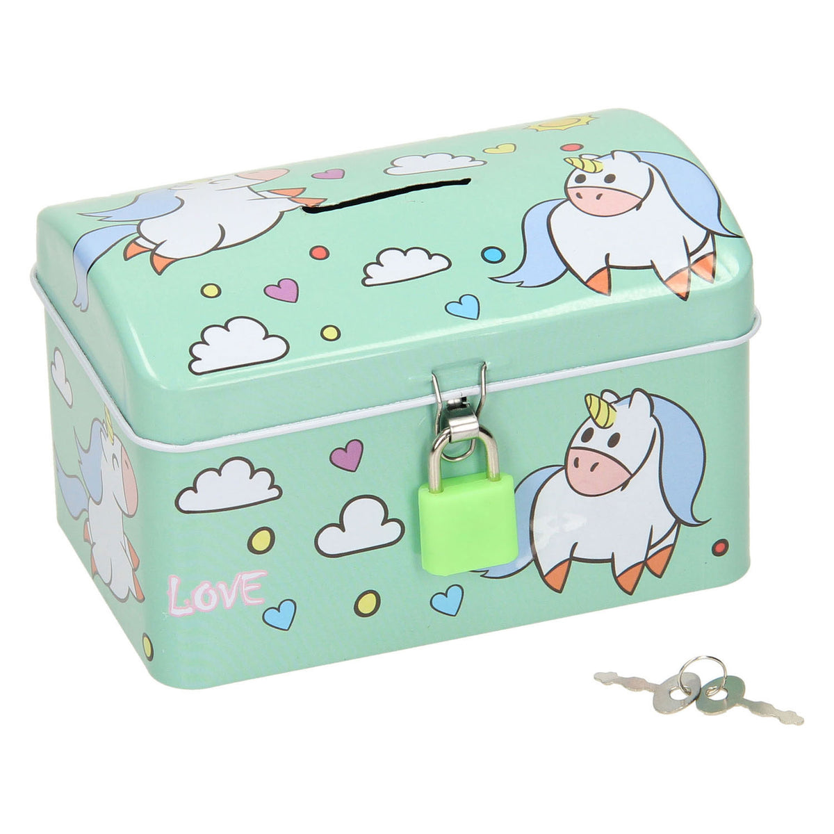 Hucha con candado de unicornio.
