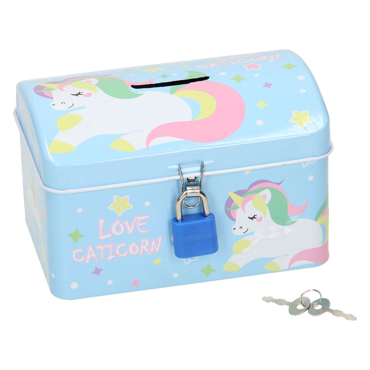 Hucha con candado de unicornio.