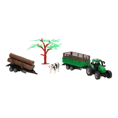 Tractor con remolque, troncos y vaca.