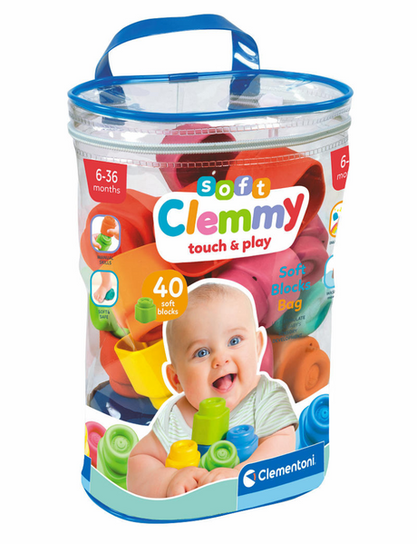 Clementoni bloques blandos para bebé con bolsa de almacenamiento - 40 piezas.