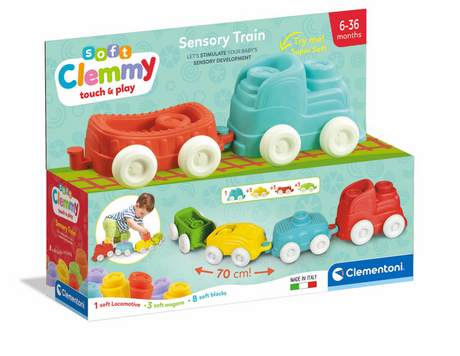 Clementoni baby - tren sensorial clemmy con bloques blandos, 12 piezas.