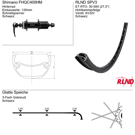 Roland achterwiel 30-584 27.5 zwart cassette 8 9 10v schijfrem centerlock qr spv3 shimano fh-qc400-hm