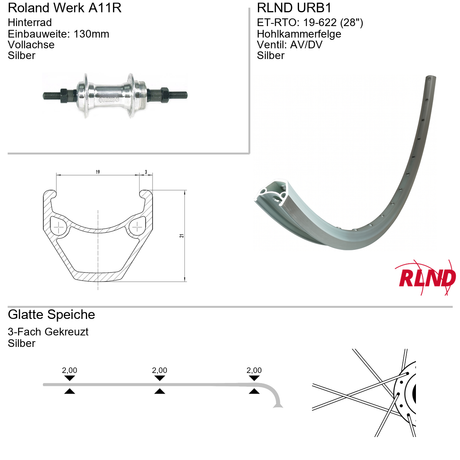 Roland achterwiel 19-622 28 zilver remnaaf 1v vaste as urb1 a11r