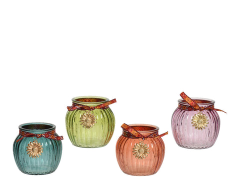 Portavelas Decoris de vidrio acanalado con cinta y flor de metal dia11-h10cm disponible en diferentes colores