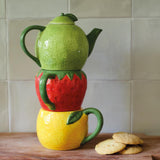 Juego de té Decoris dolomita frutal tetera 16,7x10,2x24cm con 2 tazas naranja lima fresa