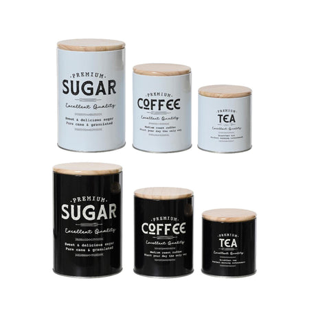 Juego de latas de almacenamiento Decoris de 3 ã˜11cmh16,2cm con texto azúcar café y té - blanco o negro
