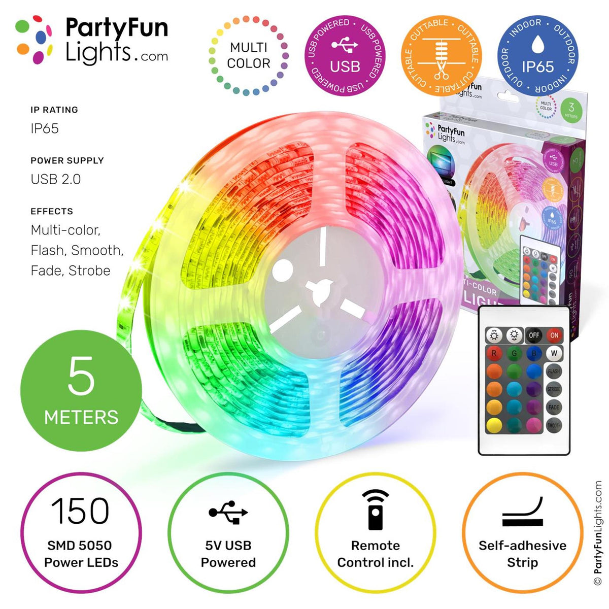 Luces Partyfun partyfunlights - tira LED - RGB multicolor - funciona con USB - 5 metros
