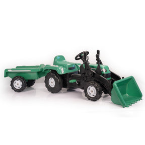 Tractor de pedales Dolu con cargador frontal de remolque, bocina, verde y negro