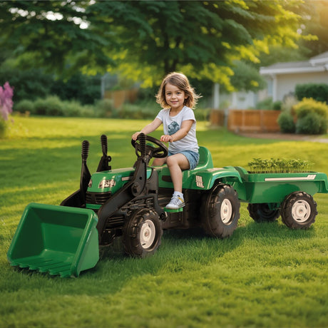 Tractor de pedales Dolu con cargador frontal de remolque, bocina, verde y negro
