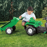 Tractor de pedales Dolu con cargador frontal de remolque, bocina, verde y negro