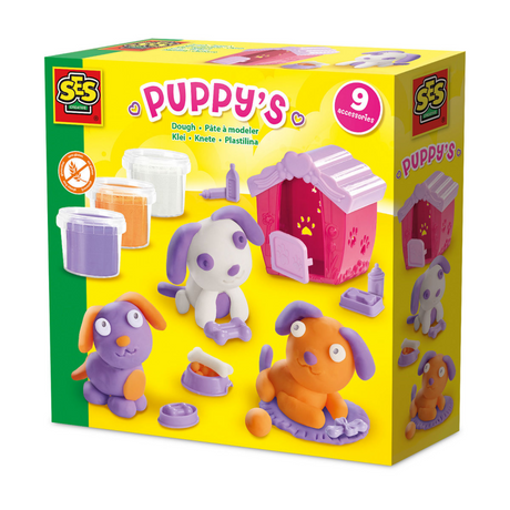 Seis juegos de cachorros de arcilla.
