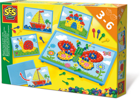 Ses creative - tablero de mosaico con tarjetas - con 100 alfileres de colores y 4 tarjetas para hacer mosaicos