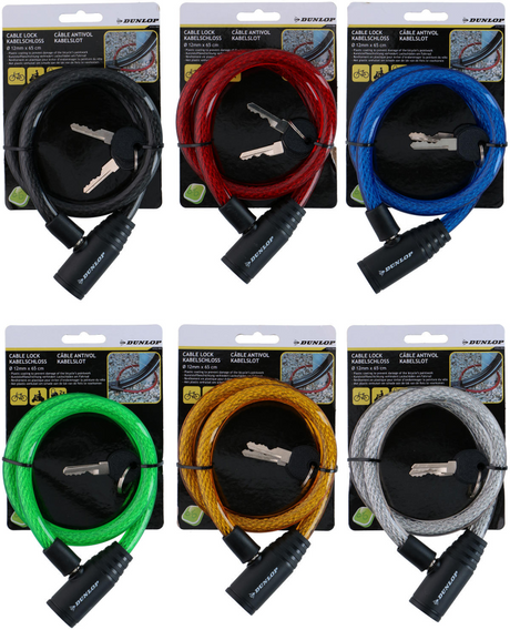 Candado de cable Dunlop ø12 mm x 65 cm - candado para bicicleta con cubierta de plástico - candado de cable para bicicleta y scooter - incluye 2 llaves - 1 color al azar