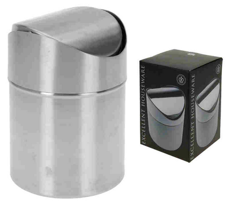 Excelente cubo de basura para artículos domésticos para mesa con tapa abatible, material de acero inoxidable.