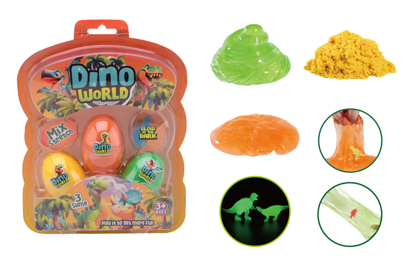 Johntoy dino world 3 huevos de limo con dinosaurio que brilla en la oscuridad