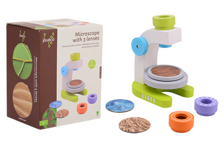 Microscopio Joueco de madera con 3 lentes, 7 piezas.