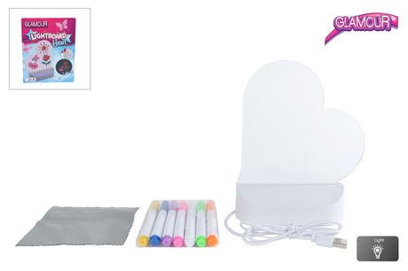 Pizarra luminosa Glamour van mane corazón con conexión USB y 7 rotuladores de 16cm.