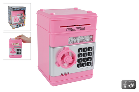Juguete caja fuerte para dinero van manen con código secreto rosa 19,5cm.
