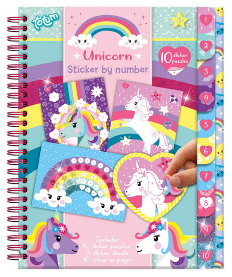 Totum libro de actividades de rompecabezas de pegatinas de unicornio a5 - pegatinas de libro de vacaciones por número incl. dibujos para colorear - juguetes para niñas a partir de 3 años