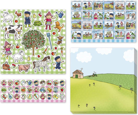Pegatinas bambolino fien teun - 3 hojas de pegatinas con fondo de juego - juguetes creativos - granja - juguetes - a partir de 3 años