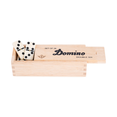 Engelhart dominó doble 6 pequeño - 28 dominós de madera con ojos negros - incluida caja de madera con tapa corredera -