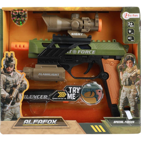 Toi-toys pistola militar alfafox con silenciador + linterna + luz y sonido