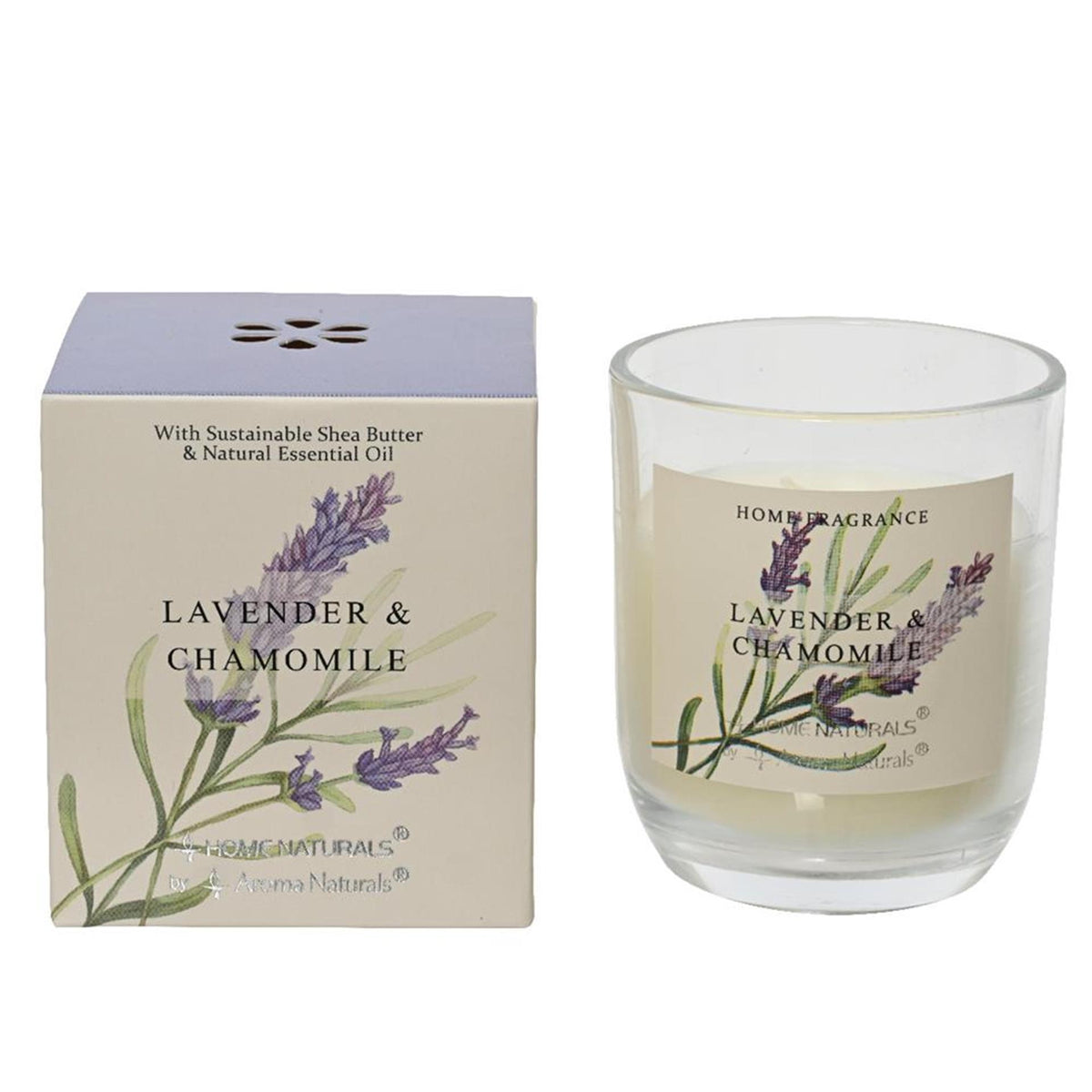 Vela perfumada Decoris en vaso lavanda y manzanilla 20% cera de manteca de karité dia7,8x9cm 20 horas de combustión