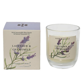 Vela perfumada Decoris en vaso lavanda y manzanilla 20% cera de manteca de karité dia7,8x9cm 20 horas de combustión
