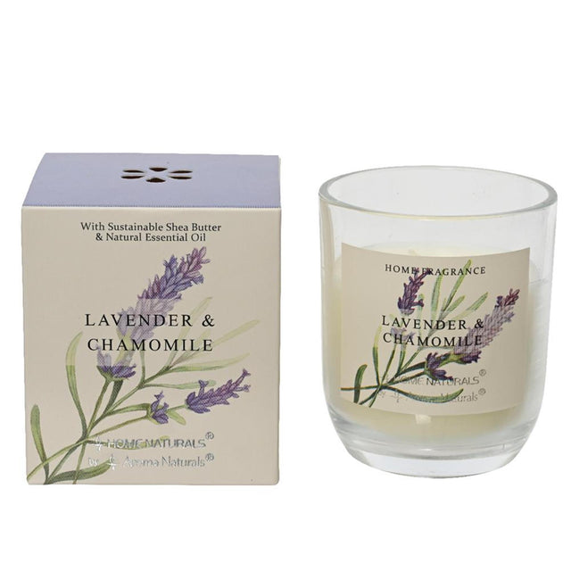Vela perfumada Decoris en vaso lavanda y manzanilla 20% cera de manteca de karité dia7,8x9cm 20 horas de combustión