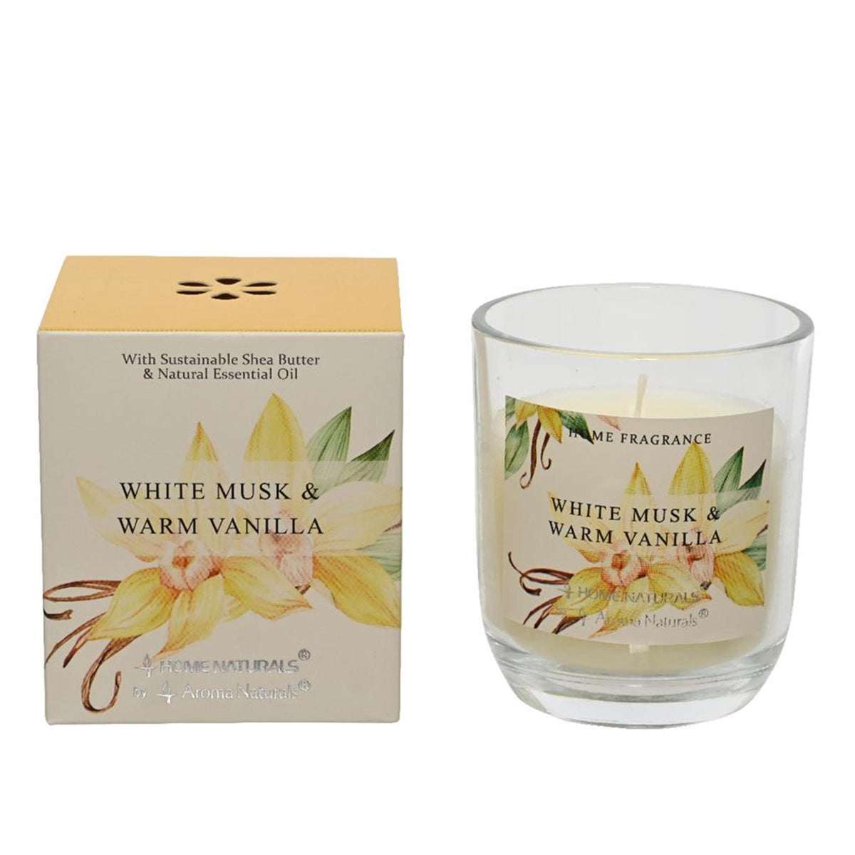 Vela perfumada Decoris en vaso almizcle blanco y vainilla cálida 20% cera de manteca de karité dia7,8x9cm 20 horas de combustión