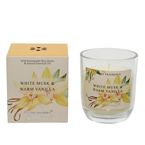 Vela perfumada Decoris en vaso almizcle blanco y vainilla cálida 20% cera de manteca de karité dia7,8x9cm 20 horas de combustión