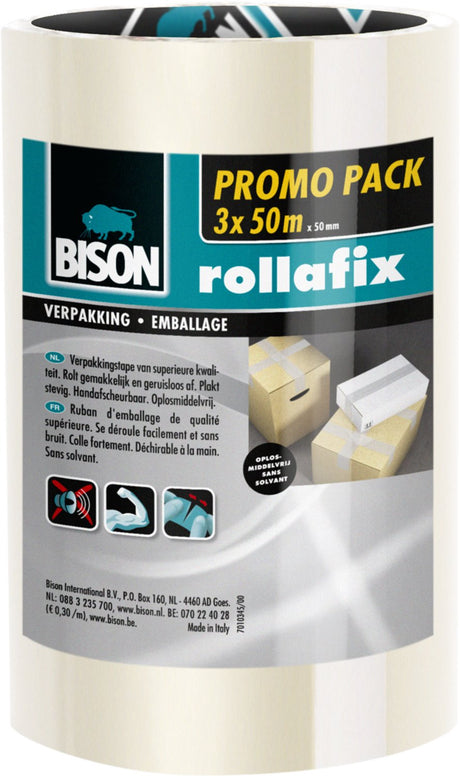 Bison 3 rollos de cinta de embalaje rollafix transparente paquete económico de 50 metros x 5 cm, rasgable a mano, cinta de embalaje resistente