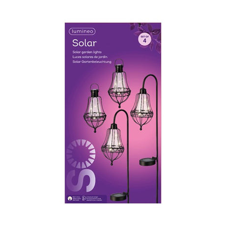 Juego de faroles solares LED Lumineo l11,5-w14,5-h84cm 2 faroles enchufables y 2 faroles colgantes metal negro h19,5 cm