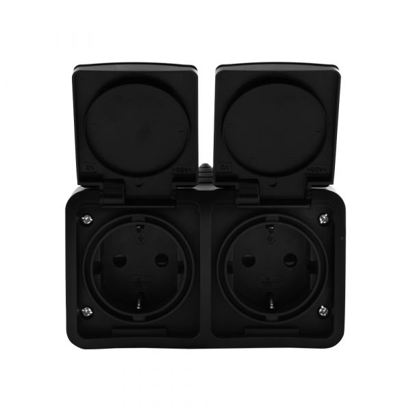 Q-link - toma de pared - toma exterior - de superficie - horizontal - toma doble - a prueba de salpicaduras IP54 - con conexión a tierra - protección infantil - negro mate