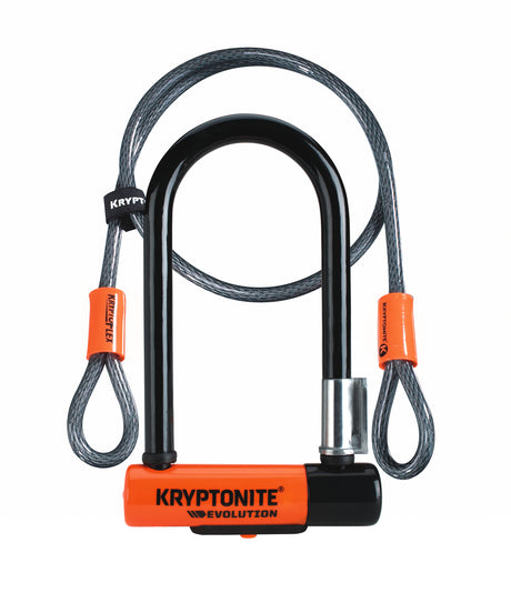 Candado en U Kryptonite Evolution mini-7 con cable - bicicleta - candado art-2 - candado en U para bicicleta (eléctrica) - 17,8x8,3 cm - cable de 120 cm de largo - naranja negro