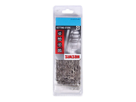 Collar Simson Normal Strong - Cadena de bicicletas extra fuerte para bicicletas de la ciudad sin equipo y bicicletas con equipo de cubo (112 enlaces, 1 2x1 8, plata)