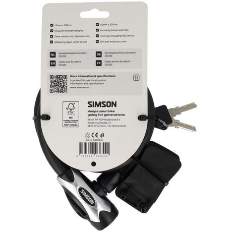 Candado de cable en espiral Simson excelente tamaño l - 15 mm x 100 cm
