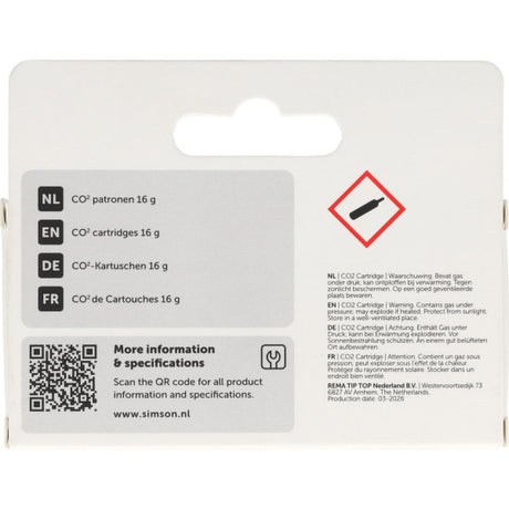 Rema tip top países bajos b.v. simson s024110 cartuchos co2 16gr 2uds