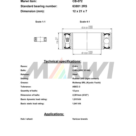 Union rodamiento de bolas rodamiento de bolas CB-072 12x21x7