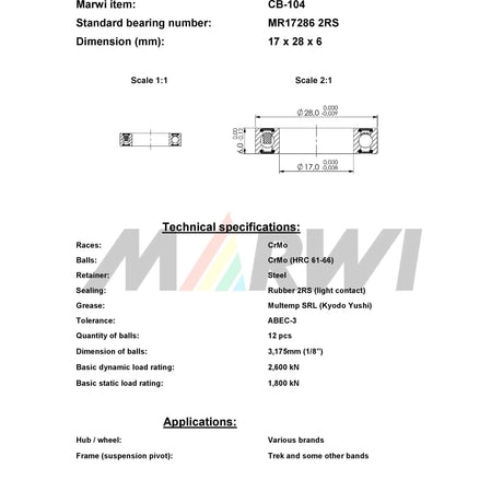 Union rodamiento de bolas rodamiento de bolas CB-104 17x28x6