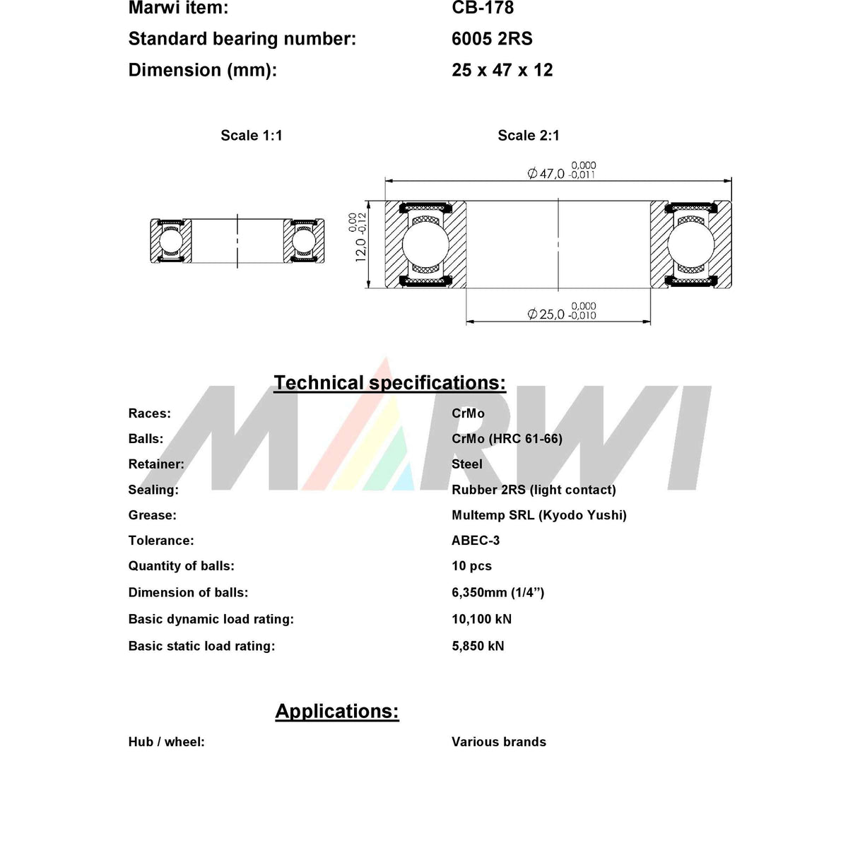 Union rodamiento de bolas rodamiento de bolas CB-178 25x47x12