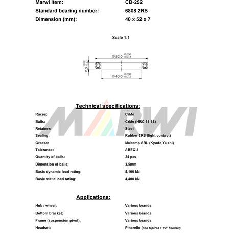 Marwi union rodamiento bolas CB-252 6808 2rs 40x52x7