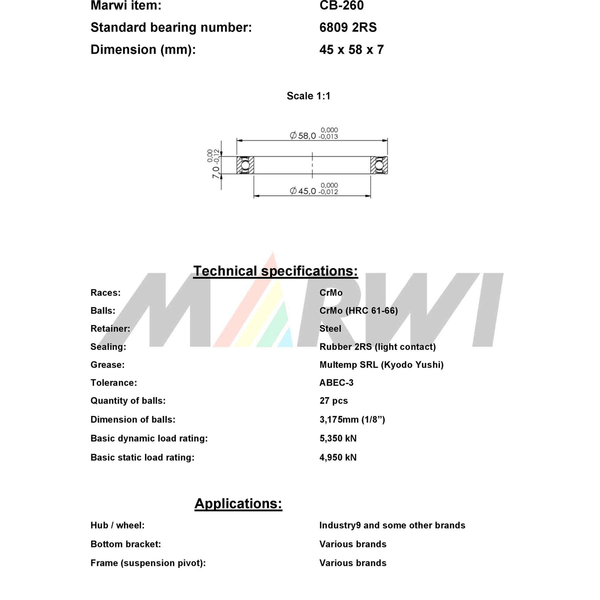 Union rodamiento de bolas rodamiento de bolas CB-260 45x58x7