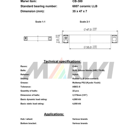 Marwi union rodamiento bolas CB-380 6807 LLB 35x47x7 ceramica