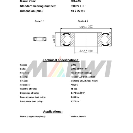 Marwi union rodamiento bolas max CB-435 6900V LLU 10x22x6