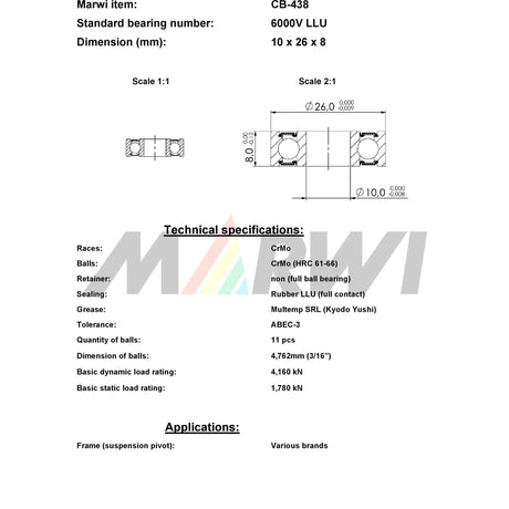 Marwi union rodamiento bolas max CB-438 6000V LLU 10x26x8