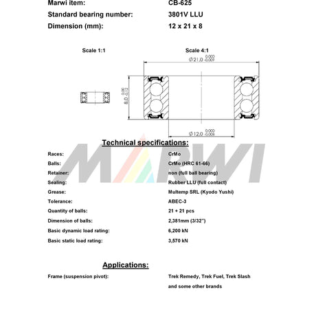 Union rodamiento de bolas rodamiento de bolas CB-625 12x21x8