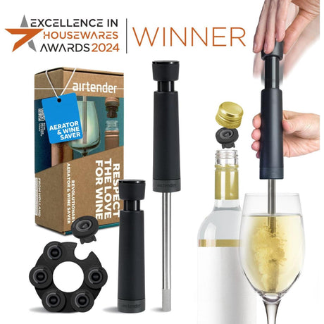 Airtender Wine Lovers - Bomba de vacío con 3 tapones para vino y aireador en caja de regalo