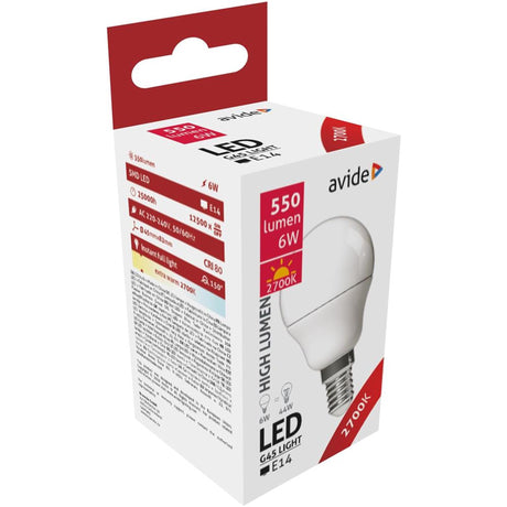 Avide LEDmini lámpara globo 6w casquillo E14, blanco extra cálido 2700k, 550 lúmenes a+